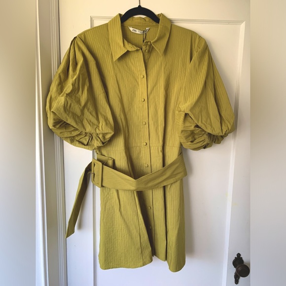 ZARA Gorgeous chartreuse balloon sleeve mini dress USXL - Picture 2 of 7